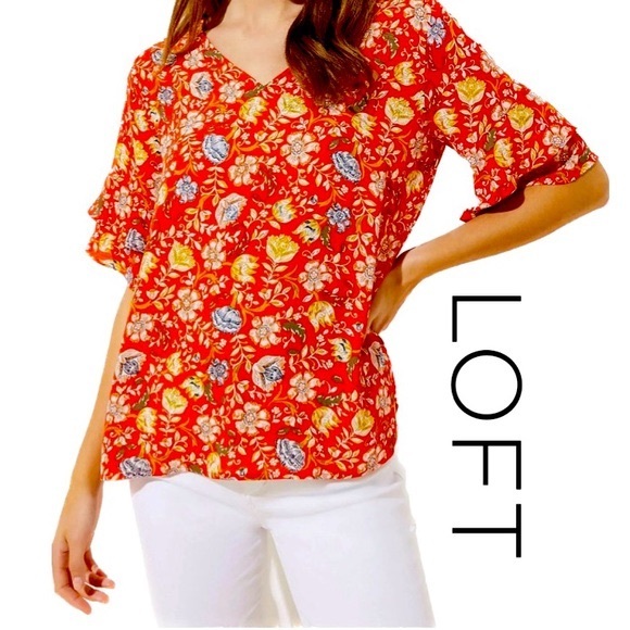 LOFT Tops - LOFT Floral Multicolor V-Neck Top Ruffled Flutter Sleeves Women’s Sz Small